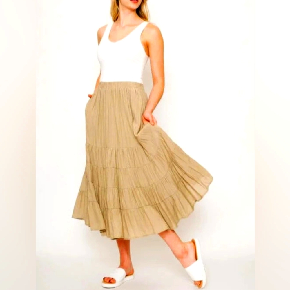 Staccato Ribbed Tank6 Top Tiered Skirt Midi Dress Cream/Brown Pckts Side Zip MED
